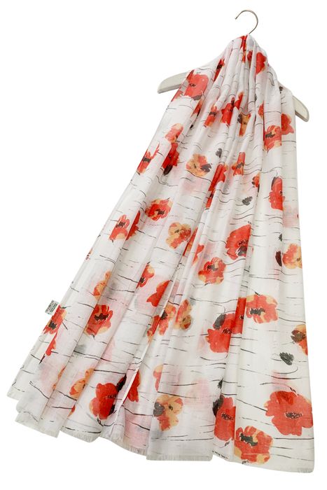 Stemmed Poppy Print Scarf with Frayed Edge